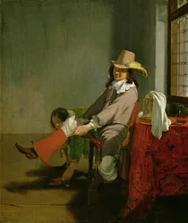 Interior con un oficial poniéndose la bota, ayudado por su ayudante (óleo sobre tabla)