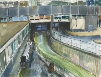 Entrada de la salida de taxis de la estación de tren, 2019 (acuarela y gouache sobre papel)