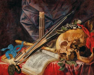 Vanitas con viola, clarinete, calavera, partituras y vela