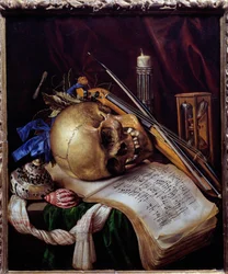 Bodegón de vanitas con calavera, partitura, instrumentos musicales, conchas y reloj de arena. 1650. Dimensiones: 0,52 x 0,44 m. Marsella, Musée des Beaux-Arts