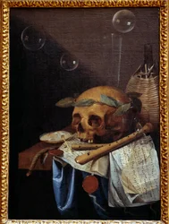 Naturaleza muerta vanitas con calavera, corona de laureles, flautas, partitura y jarra de vino. Pintura de Simon Bernard de Saint-André (1613-1677), siglo XVII. Al. 0,6 x 0,43 m, Lyon, Musée des Beaux-Arts