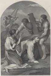 Cristo caído al suelo bajo el peso de la cruz, con dos hombres asistiendo, ca. 1729