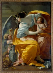 Representación alegórica de la riqueza. Una mujer, símbolo de la Fortuna y la Abundancia, rodeada de putti y joyas. Pintura de Simon Vouet (1590-1649), siglo XVII, 1,7 x 1,2 m