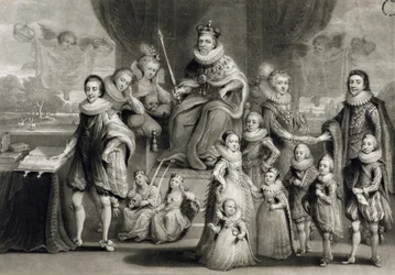Su Majestad Jacobo I y su Progenie Real junto con la Familia del Rey de Bohemia, grabado por Charles Turner, 1814