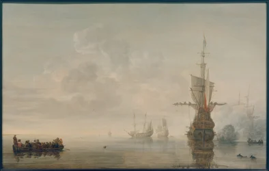 El buque insignia "Aemilia" dispara un saludo para el almirante Maerten Harpertsz. Tromp