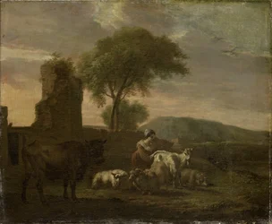 Paisaje italiano con pastora y rebaños