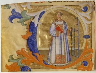 Iluminación de Manuscrito con San Lorenzo en una Inicial C, de un Gradual