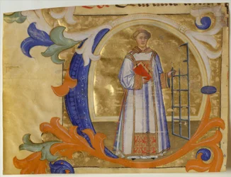 Iluminación de manuscrito con san Lorenzo en una inicial C, de un gradual, hacia 1380-90.