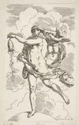 Fortuna de pie sobre un globo vaciando una bolsa de monedas, ca. 1635-1636