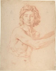 Media figura de un joven con el brazo derecho levantado