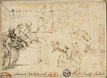 Interior con desnudo masculino rodeado de cinco figuras