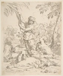 Reposo en Egipto, María amamantando al niño Cristo mientras un ángel tira de las ramas de un árbol