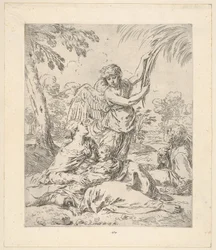 Reposo en Egipto, María amamantando al niño Jesús mientras un ángel tira de una rama de árbol