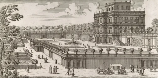 Vista de la fachada lateral del Palazzo Pamphili y su jardín Segundo prospetto pe..., después de 1677