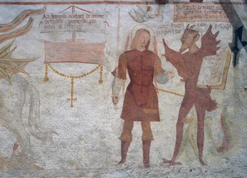 El Arcángel Miguel y el diablo con el libro de los siete pecados capitales (detalle)