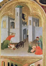 Agostino Novlo rescatando a un niño mordido por un perro, detalle del Retablo del Beato Agostino Novello, c.1328 (temple sobre tabla)