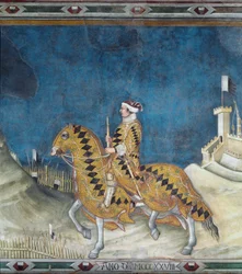 Guidoriccio da Fogliano. Guido Riccio da Fogliano (fallecido en 1352), comandante (condottiero) del ejército de Siena, durante la captura del castillo de Montemassi en Maremma en 1328. Fresco de Simone Martini (1284-1344)