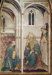 Vida de San Martín de Tours (316-397): San Martín en meditación (San Martín de Tours meditando) - Fresco de Simone Martini (ca. 1284-1344), ca. 1312-1317, cm. 390x200 - Basílica de San Francisco de Asís, iglesia inferior, capilla de San Martín, Asís.