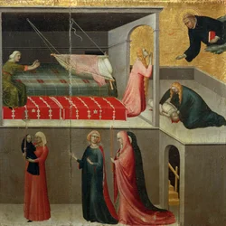 Milagro del niño que cayó de la cuna, detalle del retablo titulado Beato Agostino Novello e historias de su vida de Simone Martini (1283-1344), óleo sobre lienzo, 200x256 cm, hacia 1330