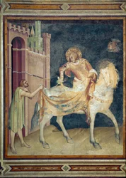 San Martín comparte su capa con un mendigo. Fresco, 1315. Basílica inferior de San Francisco de Asís, capilla de San Martín. Siéntese.
