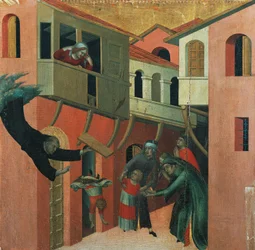 El milagro del bebé que cayó del balcón, detalle del retablo titulado Beato Agostino Novello y las historias de su vida, ca 1330, por Simone Martini