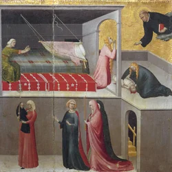 El milagro del niño que cae de su cuna: las tres mujeres hablando en la parte inferior de la escena. Parte del tríptico Historia del ermitaño de san Agustín