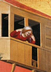Mujer asomada al balcón, detalle del retablo titulado El beato Agostino Novello e historias de su vida, de Simone Martini (1283-1344), óleo sobre lienzo, 200x256 cm, ca. 1330