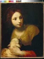Santa Inés (Inés de Roma, nacida en el 290, martirizada hacia el 304). Pintura de Simone Pignoni (1611-1698), óleo sobre lienzo. Arte italiano (Florencia)