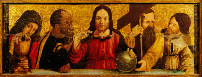 Última Cena, detalle de la predela de un políptico de Simone da Firenze, pintura sobre madera, Iglesia de los Santos Pedro y Pablo, San Chirico Raparo, Potenza, Italia.
