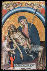 Lamentación sobre Cristo muerto con el cliente, Iohannes de Elthinl, por Simone dei Crocifissi, c. 1368. La Virgen está representada como Nuestra Señora de los Dolores, con una espada en el corazón.