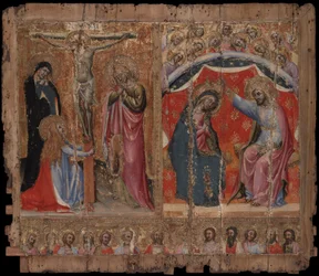 Pequeño retablo que muestra la Crucifixión, la Coronación de la Virgen María y a Cristo y los Apóstoles