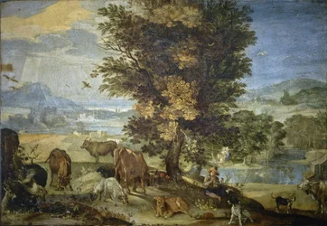 Paisaje con pastor y animales (óleo sobre cobre)
