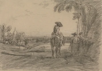 Mujer a caballo con dos mujeres de pie contemplando un paisaje