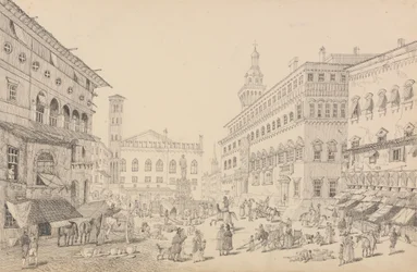 Álbum de 30 vistas del Tirol e Italia: Plaza de Bolonia, Catedral y Palacio del Legado del Papa 12 Nov.r 1840