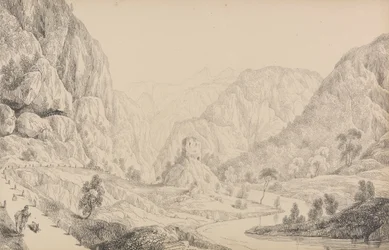 Álbum de 30 vistas del Tirol e Italia: Vista del Eisak cerca de Mittenwald, 27 de octubre de 1840