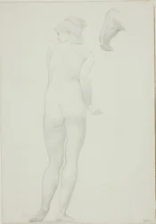 Vista trasera de mujer desnuda de pie y boceto de un pie