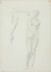 Desnudo femenino de pie y bocetos de brazos