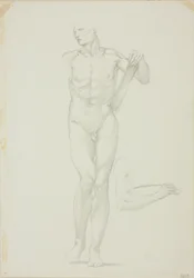 Hombre de pie con tableta; boceto separado del brazo derecho