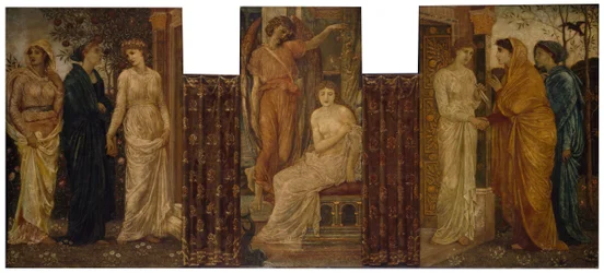 Cupido y Psique - Murales de Palace Green - Las hermanas de Psique la visitan en la casa de Cupido, 1881