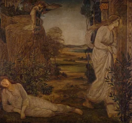 Cupido y Psique - Murales de Palace Green - Zephyrus llevando a Psique a la montaña, 1881