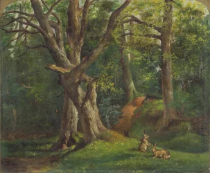 Escena de bosque con conejos