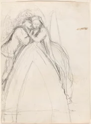 Diseño de un arco gótico con el artista y Effie Ruskin abrazados (anverso); Diseño de un arco gótico con Effie como ángel (reverso)