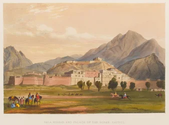 Bala Hissar y Palacio de la Schah, Caubul (litografía coloreada)