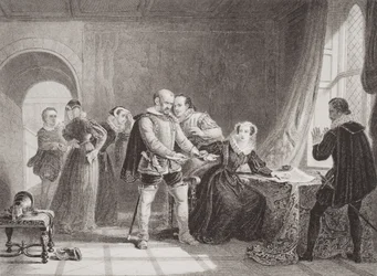 María Reina de Escocia (1542-87) obligada a firmar su abdicación en el Castillo de Lochleven en 1567, de 