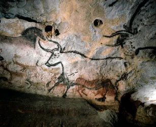 Arte paleolítico de toros, ciervos y caballos en paredes de cueva de calcita, Lascaux, Francia., 2022 (foto)