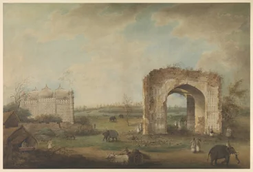 Vista de una mezquita y una puerta en Motijhil, c.1814-23 (acuarela opaca sobre papel)