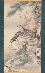Pareja de halcones con rama y flores (tinta, color y oro sobre seda)