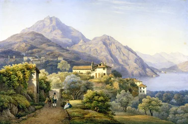Como. Menaggio. Loveno y Monte Groma. 1840. Pintura de S. Corrodi. Menaggio, Como