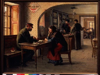 Una petición. En un café, una mujer habla con un soldado del Ejército Rojo que le rellena un formulario. Detrás de ellos, el bullicio ordinario de una cafetería. Pintura de Solomon Yakovlevich Kishinevsky (Kishinevsky) (1863-1941), óleo