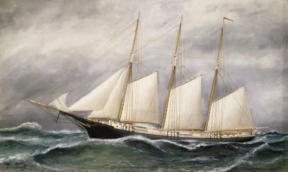 La goleta "Robert Ingle Carter", a toda vela, botada en 1891 en Boston (Massachusetts, EE.UU.), para un comerciante de carbón de Newport (Rhode Island, EE.UU.).